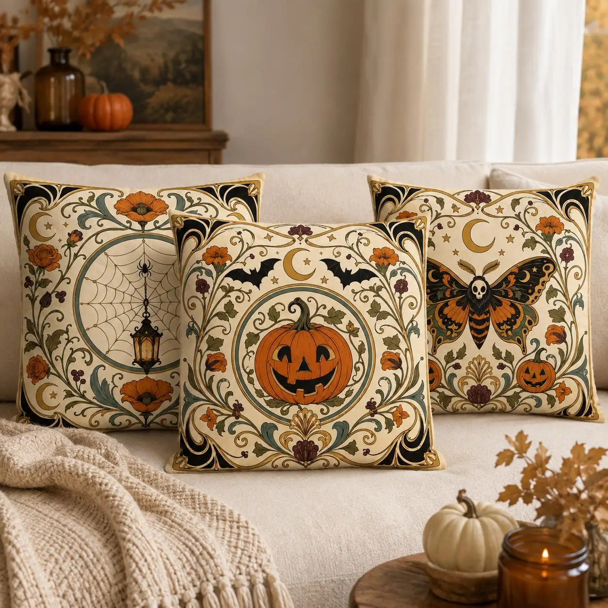1pc Art Floral Halloween Pillow Cover Polyester 2D Double Sided Print Moon Spider Web Witch for Farmhouse Fall Sofa Holiday Deco