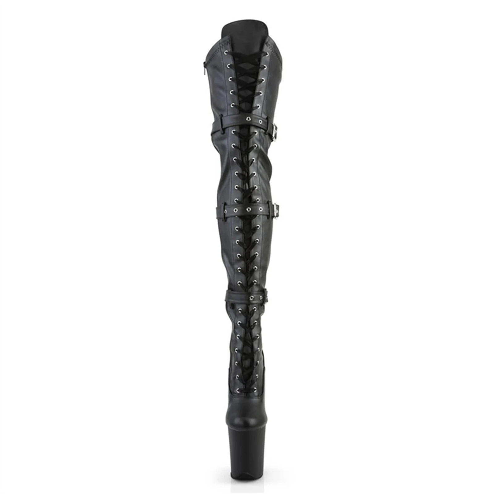 20CM Extreme High Knee Boots for Pole Dance | Black Patent Leather Lace-Up & Buckle Strap | Non-Slip Sole Stage Performance Shoe