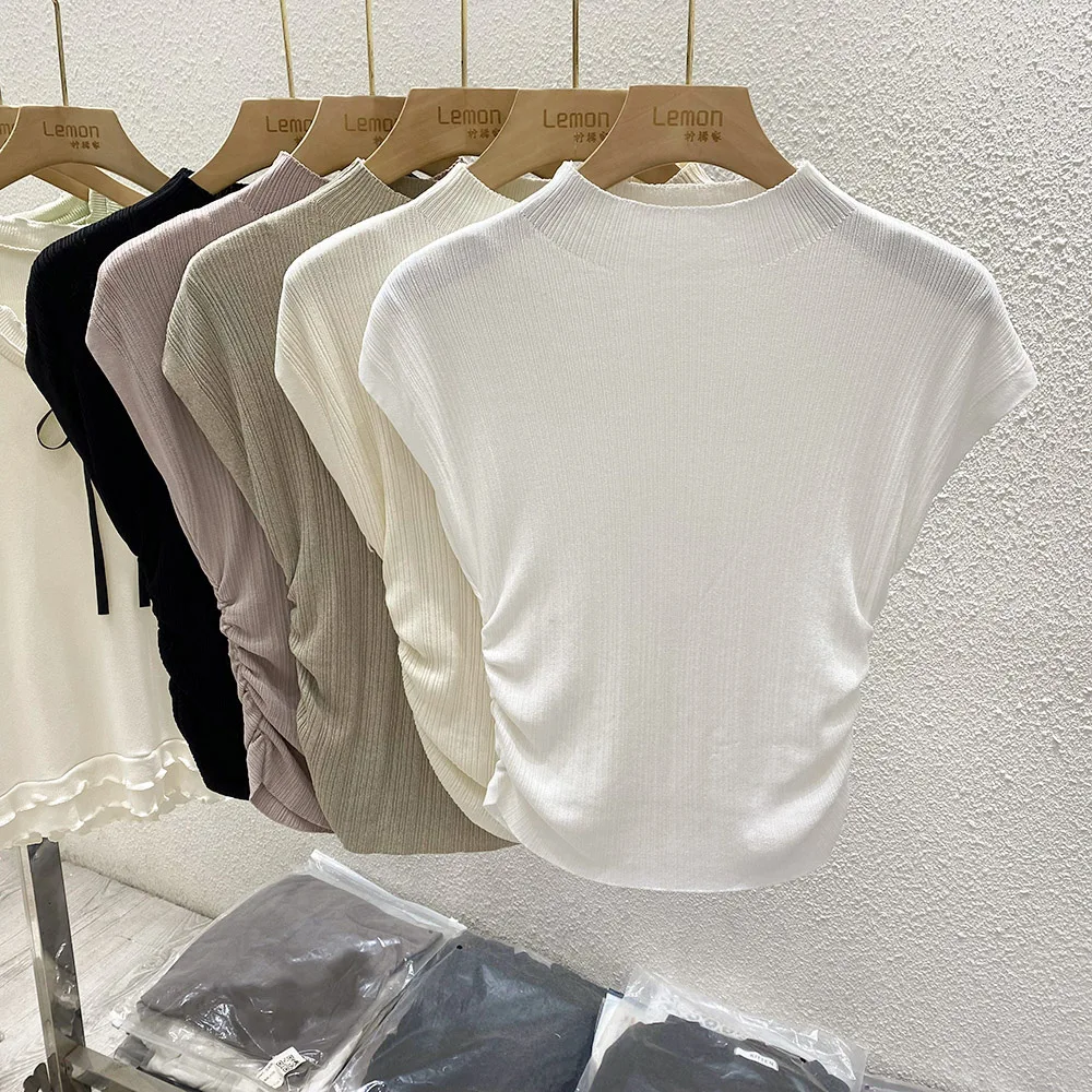 2026 Spring Summer Ice Silk Knit T-Shirt Half High Neck Waist Slimming Unique Design Slim Fit Short Sleeve Inner Tops