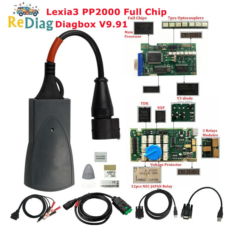 Puce de diagnostic complète pour voiture, outil de diagnostic professionnel, pour cristaux et KIT Lexia 3 V48/V25, PP2000 OBD2, Diagbox V9.91, Firmware 921815C