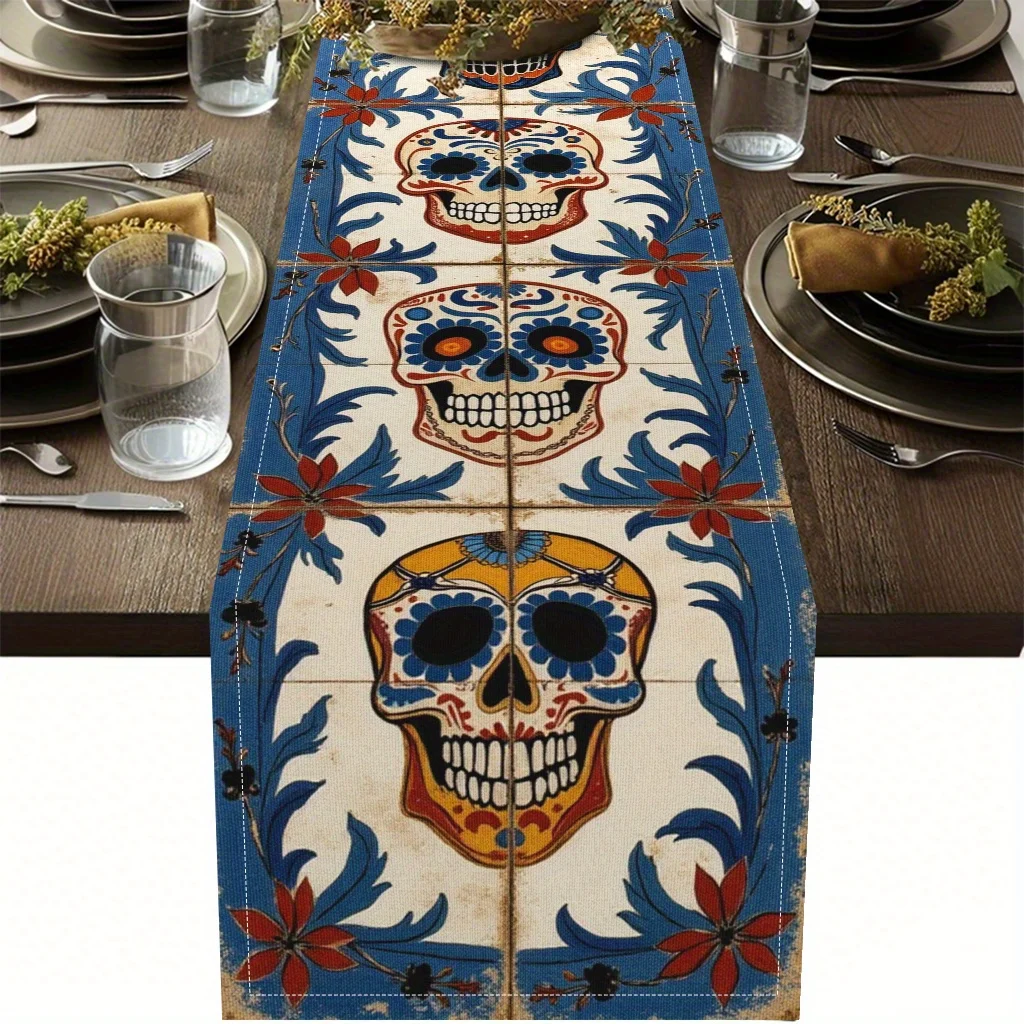 

Mexican Day of The Dead Linen Table Runner Dia De Los Muertos Decor Halloween Colorful Flowers Skulls Table Runners Home Decor