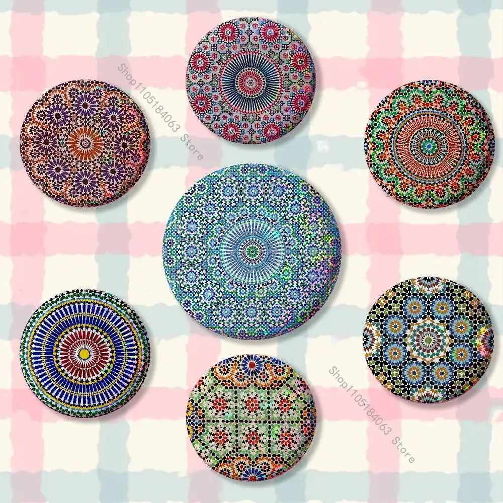 

M-Moroccan Tile style Badges Button Round Creative Pin Brooch Badge Bag Decor Fans Collect Friends Gifts