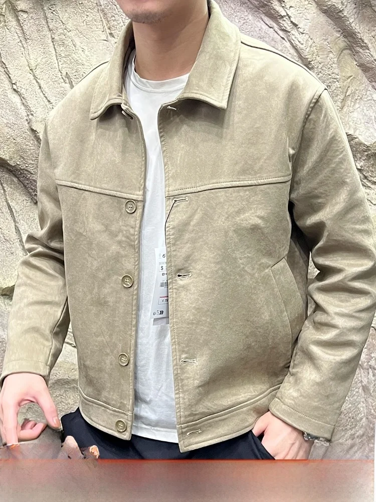 

Suede Fabric Men's Casual Jaet Retro Collar Long Sve Pure Color Autumn Outerwear Trendy Youth Polyester Fiber 00%