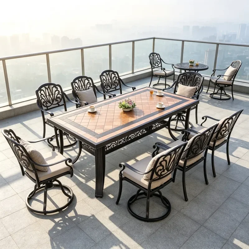 Outdoor Cast Aluminum Tile Table and Chair Set European Carved Courtyard Leisure Furniture with Rotating Chair