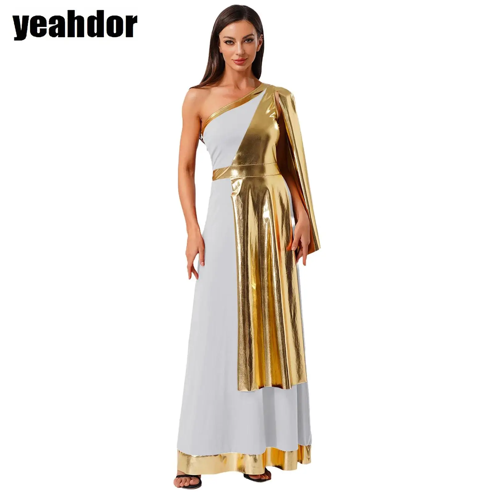 

Women Ancient Greek Toga Dress One Shoulder Metallic Shiny Layer Tunic Dress Gown Halloween Roman Queen Princess Cosplay Costume