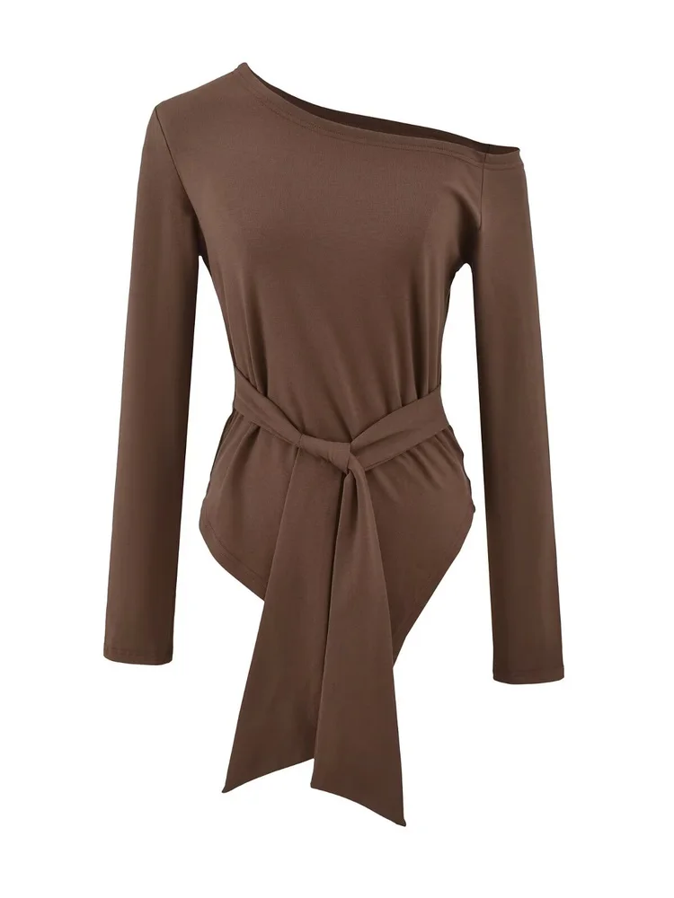 Sexy coupe ajustée longue Sve T-irt femmes Sle ourlet asymétrique décontracté haut de gamme sentiments oul-baring haut pour les adolescents