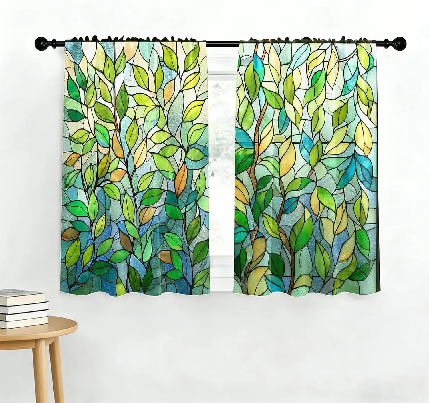 Wunderschönes Vorhang-Set mit botanischem Blattgrün-Muster, 2-teilig, Fenstervorhänge im Aquarell-Stil für Wohnzimmer- und Schlafzimmerdekoration