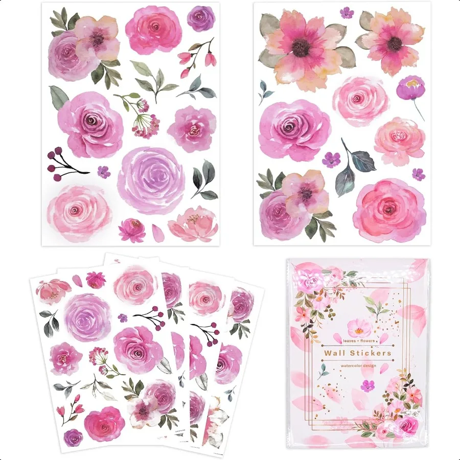 

60 Pcs Flower Wall Decals Watercolor Leaves Wall Stickers Flower Decor for Girls Bedroom Computer Lockers Living Room 4 Sheets