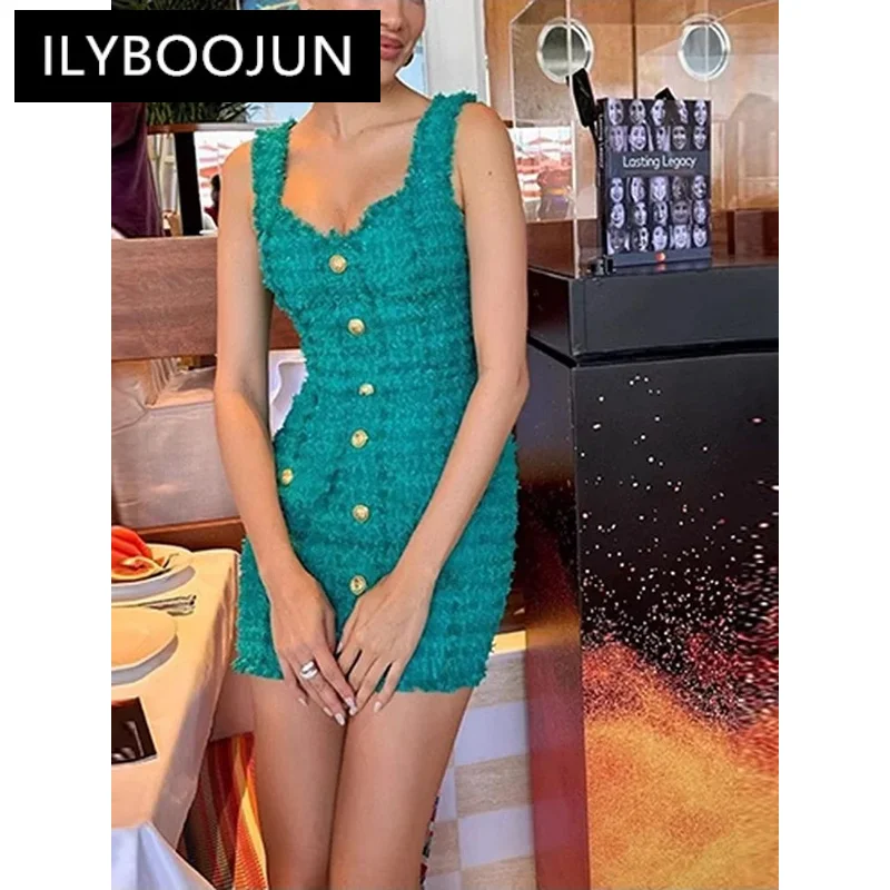 

Tweed White Dark Green Tank Dress Autumn Winter 2023 New Fashion Lion Button Tassel Tweed Tank Top Strap Mini Prom Dress