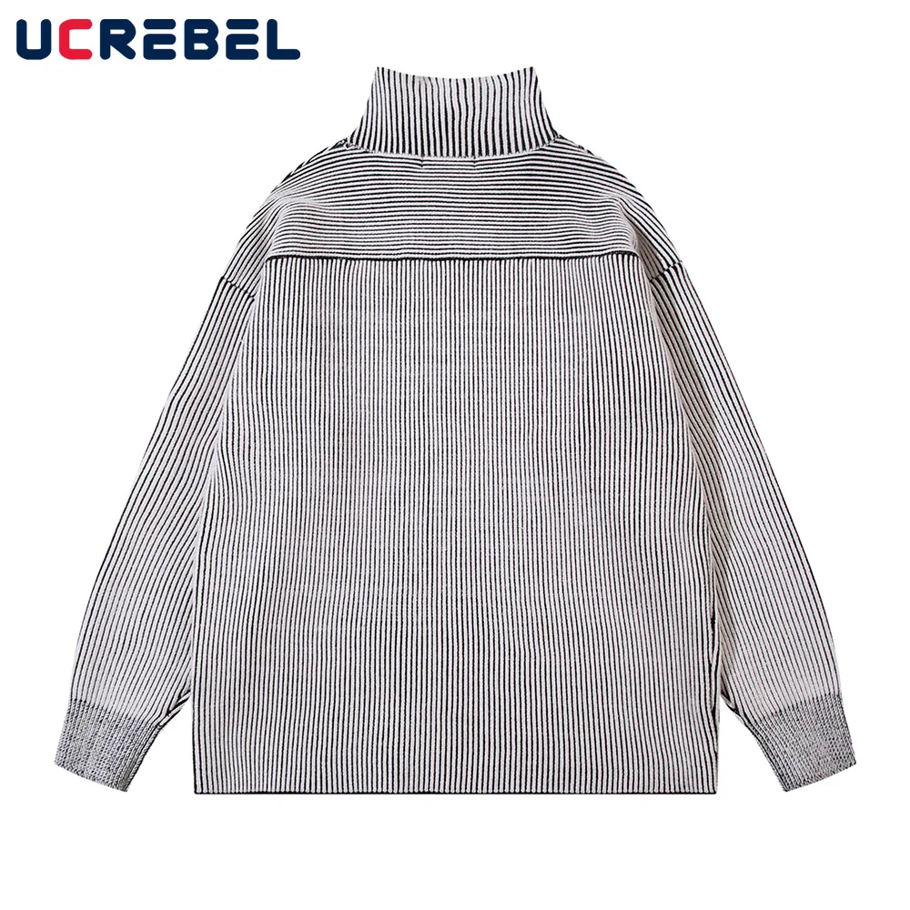 Letter Jacquard Striped Double-sided Sweater Mens Autumn Winter High Street Long Sleeve Loose Knitted Pullover Men