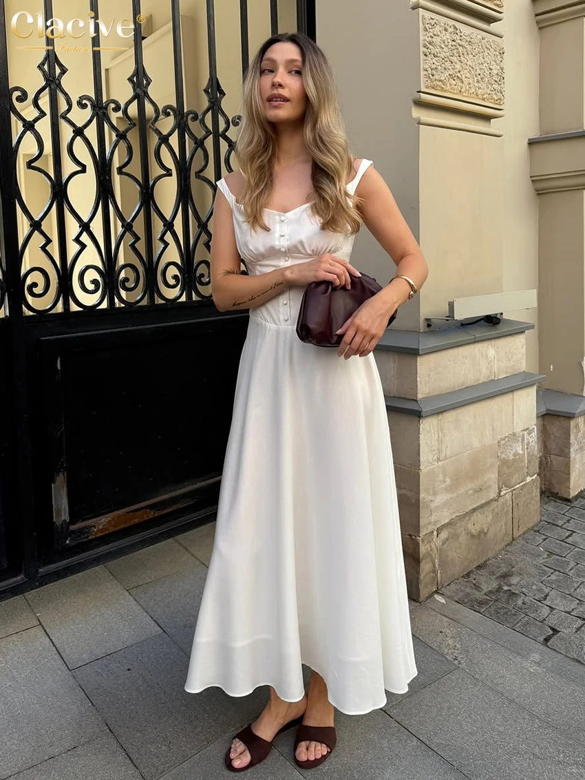 

Clacive Summer Loose White Women Dress Sexy Square Collar Sleeveless Ankle Length Dresses Elegant Classic Pleated Female Dress