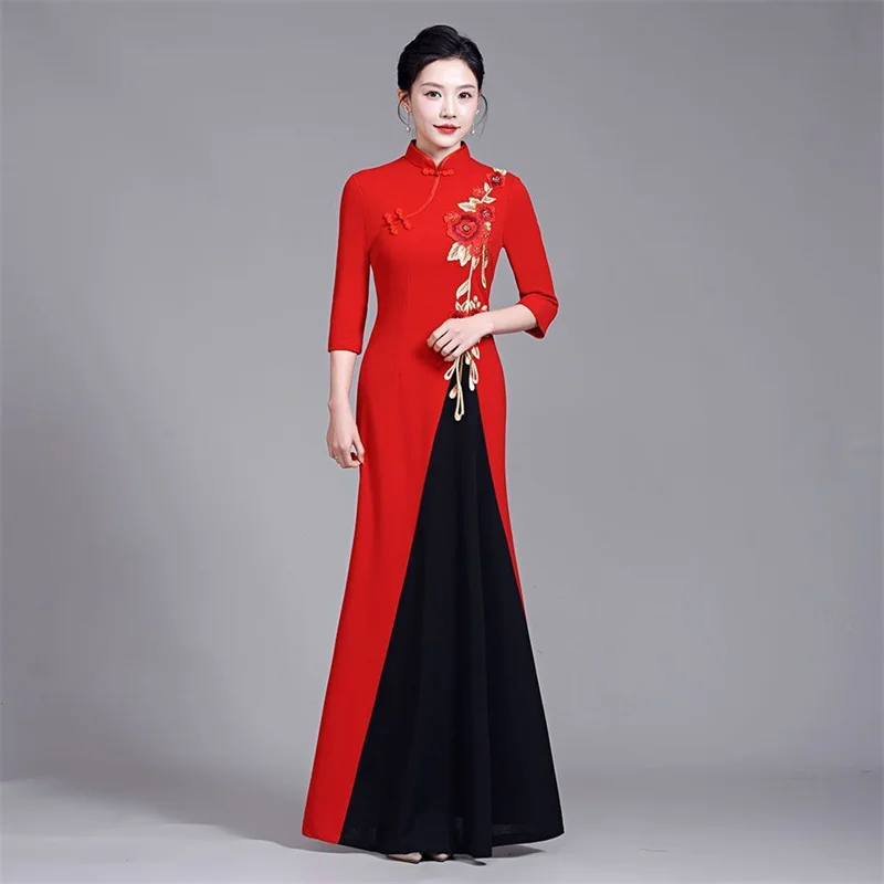 Middle aged Elderly Qipao Skirt Summer Women New and Improved High end Non ironing Show Elegant Slim and Long Embroide red Dress