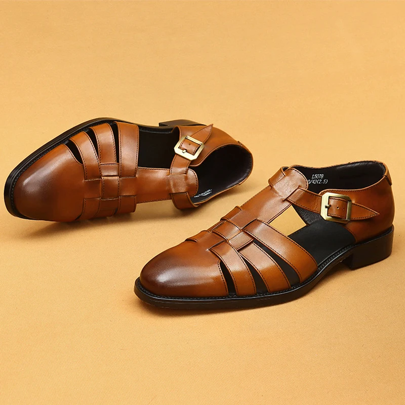 Retro Roman Sandals. Summer Top Layer Cowhide Business Casual Shoes Wearing Sandals on the Outside Genuine Leather Derby Shoes