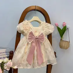 2024 Summer New Girl Baby Lace Mesh Flower Girl Cute Big Butterfly Knot Plate Princess Dress Children's Sweet and Cute Dress