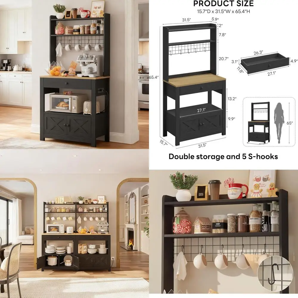 

Kitchen Storage Solutions: Electric Outlet Baker's Rack, Drawer Coffee Bar Cabinet, and 5-Hook Farmhouse Microwave Stand in Blac