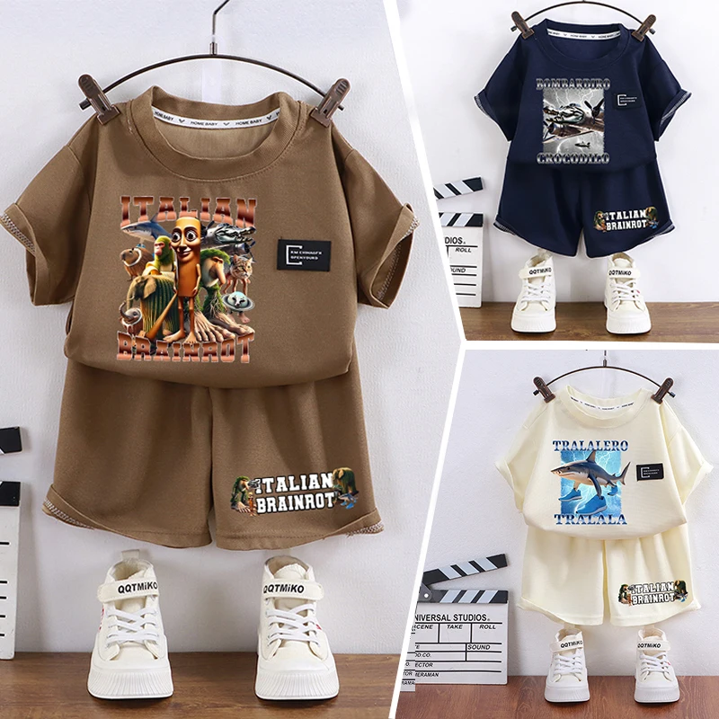 

Italian Brainrot Children Clothing T-shirt+shorts Tung Tung Tung Sahur Fun Anime Short Sleeve Suit Kid Trendy Cool Home Clothes