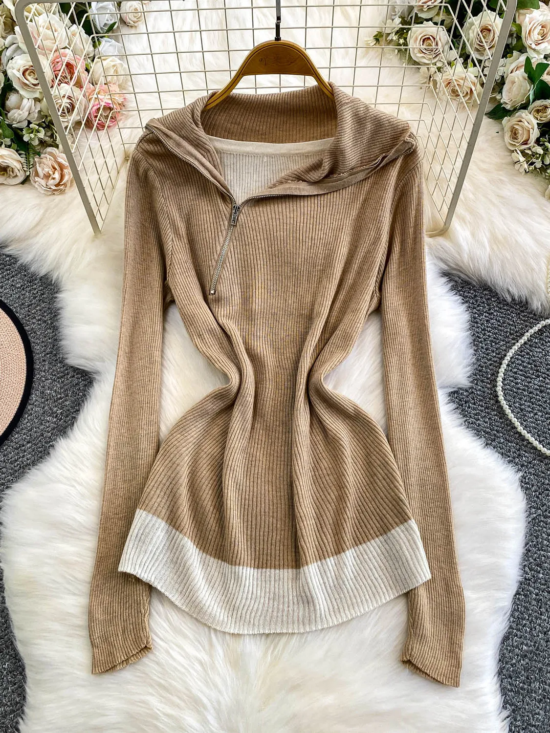

Korean Sle Loose Knitted Sweater Women's Autumn Winter New Faion Casual Lapel Double Zipper Soft Medium Thi Long Sve