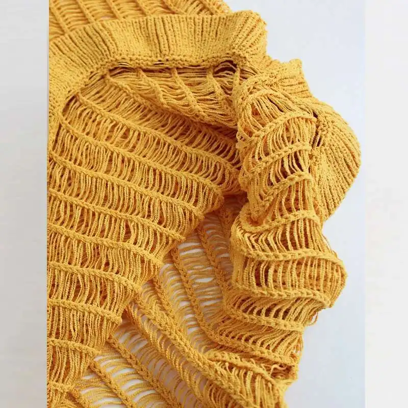 Gelbe Hosenträger Strand Sexy Hohl Gestrickte Slim Fit Cover Up Langes Kleid Sommer Urlaub Frauen O Hals Ärmellose Badeanzug