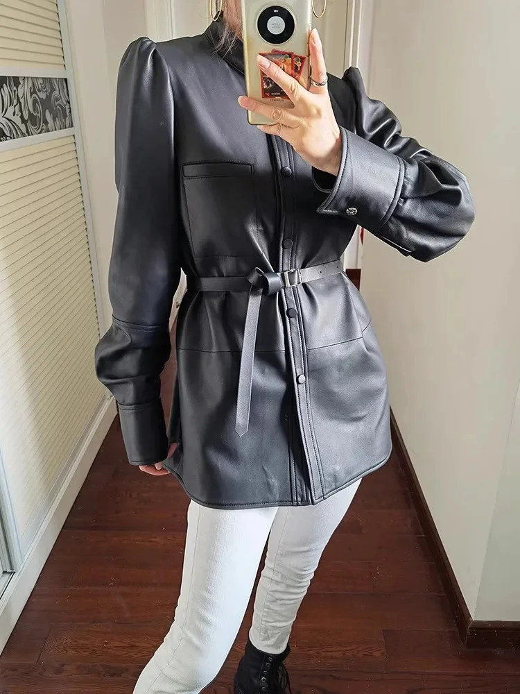 Veste mi-longue en cuir véritable pour femme, chemise à col montant haut de gamme, manteau en peau de mouton avec ceinture, tendance printemps et automne 2024