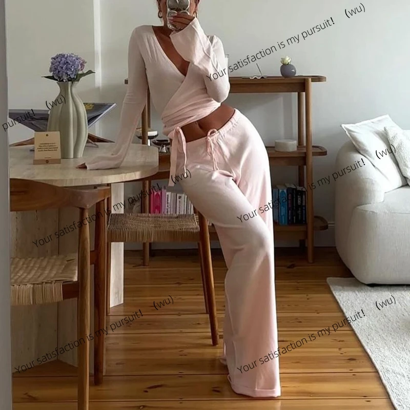 

Женский модный комплект для отдыха, винтажный комплект из 2 предметов, футболка с v-образным вырезом и завязкой на талии + брюки с эластичной резинкой на талии, осенние укороченные топы с длинными рукавами