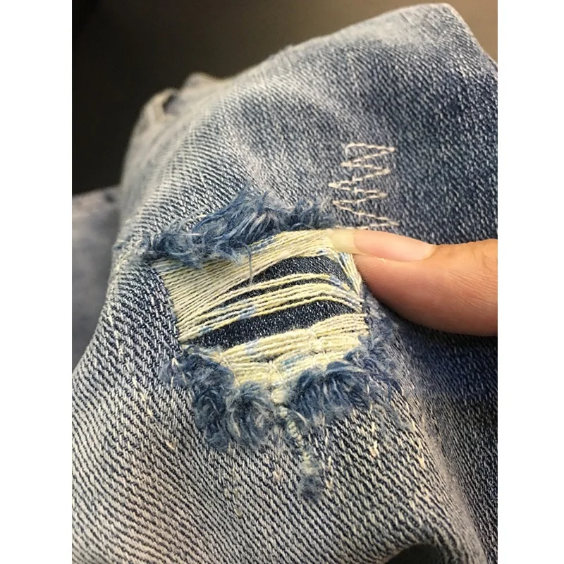 Summer Men's Short Pants Thin Denim Five-Point Print Hole Middle Pants Korean Version Slimming Trendy Brand Internet Celebrity