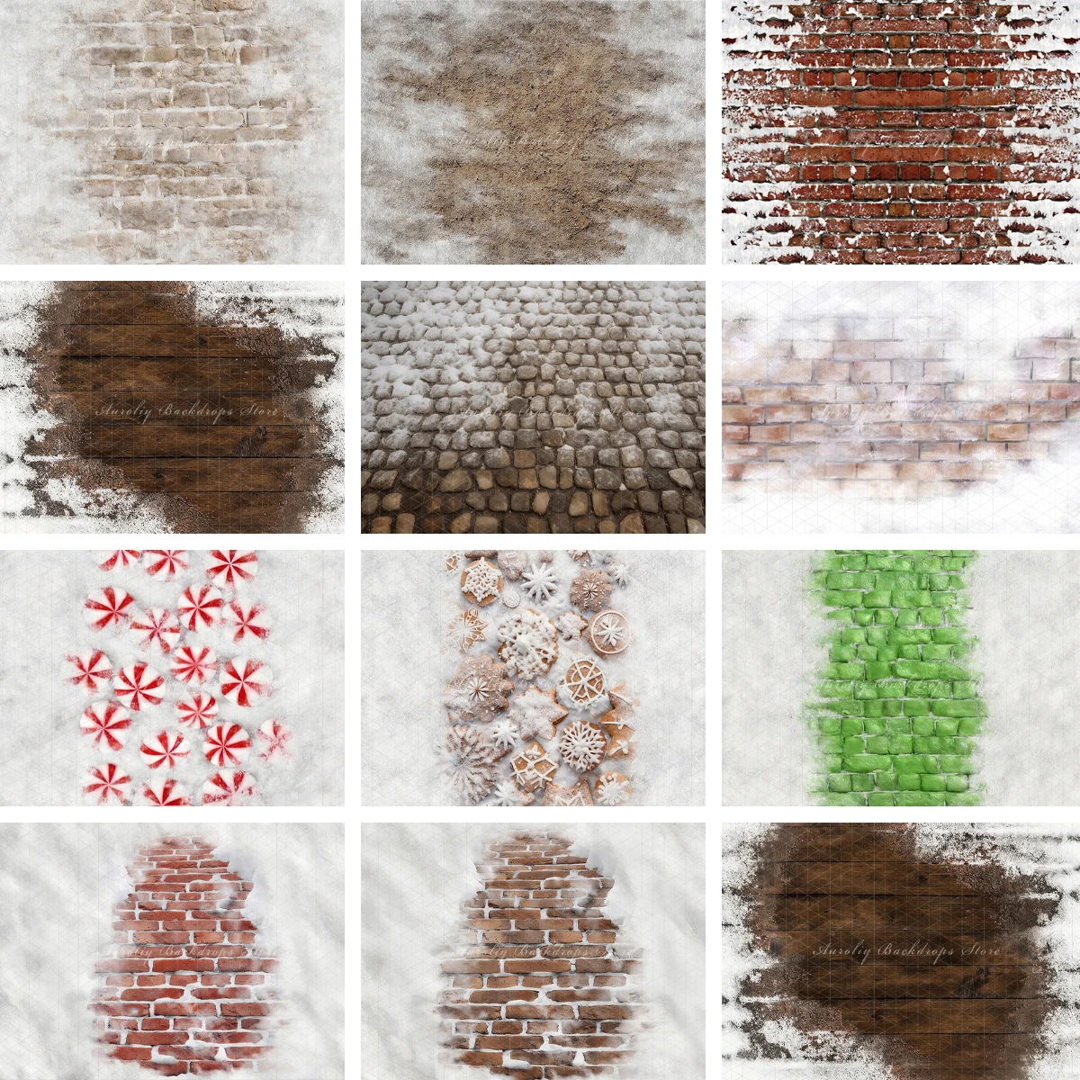 Snowy Brick Wall Rustic Wood Photography Backdrop Winter White Texture Christmas Cookies Product Portrait Studio Prop Decor