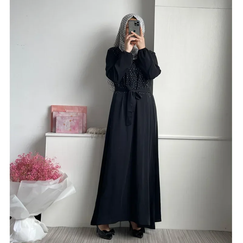 

Diamond-encrusted Stylish Turkish Dress Malaysia Lace-up Women Abaya Muslim Long Dresses Dubai Islamic Elegant Slim Robe Kaftan