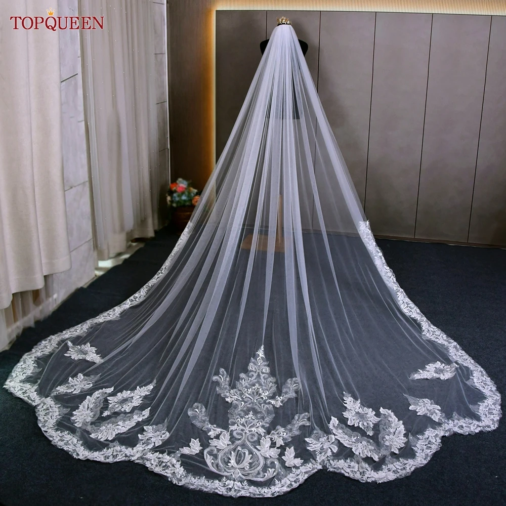 TOPQUEEN V151 High Quality Wedding Veil 5 Scallop Lace Trim Bridal Velis of 3 Meters Cathedral Length Embroidered Mantilla Bride