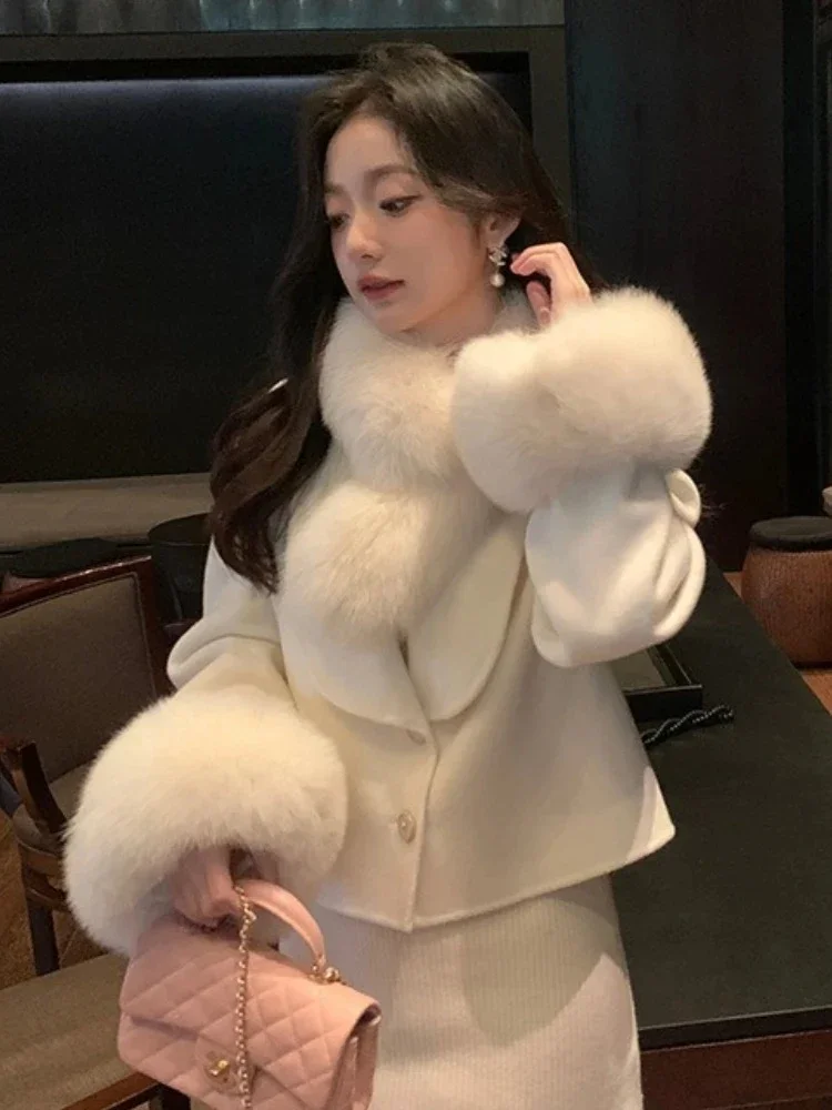 2025 Women Short Real Fox Fur Cuff Woolen Blends Jacket New Autumn Winter Clothes Fashion Warm Fur Collar Cashmere Wool Coat