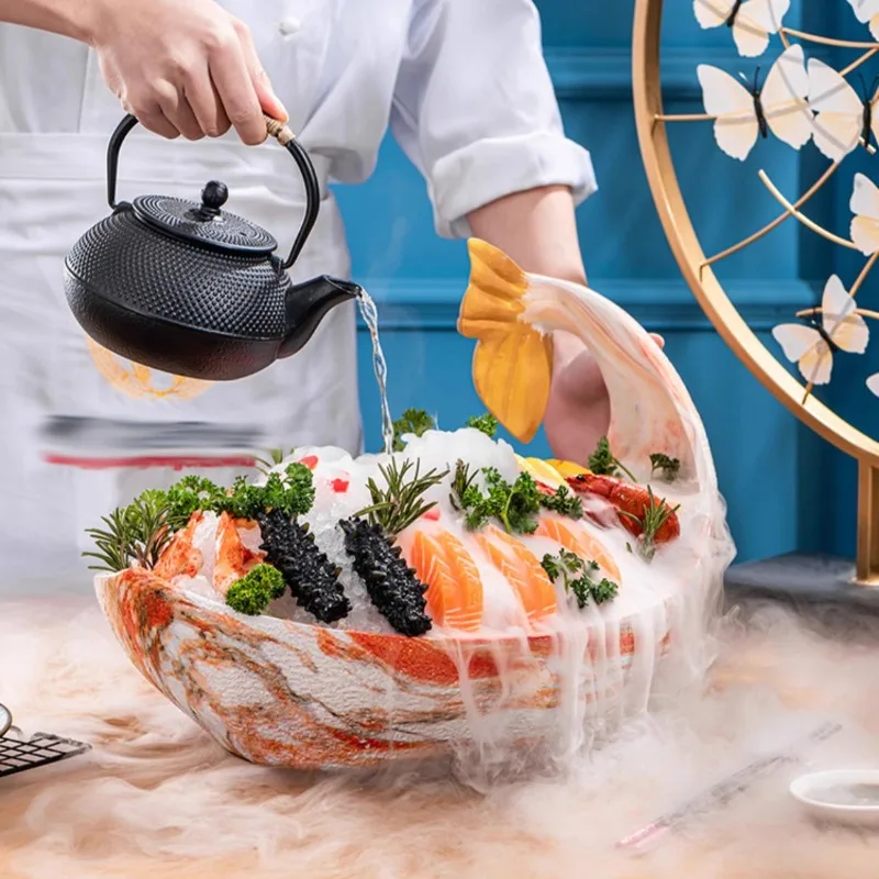 apanese Salmon Sashimi Plate, Large Resin Decorative Ice Tray, Creative Sushi Serving Dish, Color Glazed Fish Platter Bowl