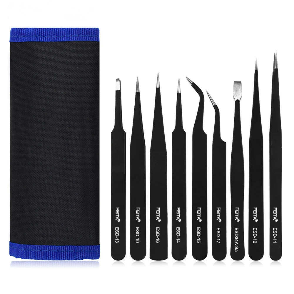 

FEITA Anti-static ESD Stainless Steel Tweezers Tool Industrial Precision Curved Straight Pointed Tweezer Set for Electronics