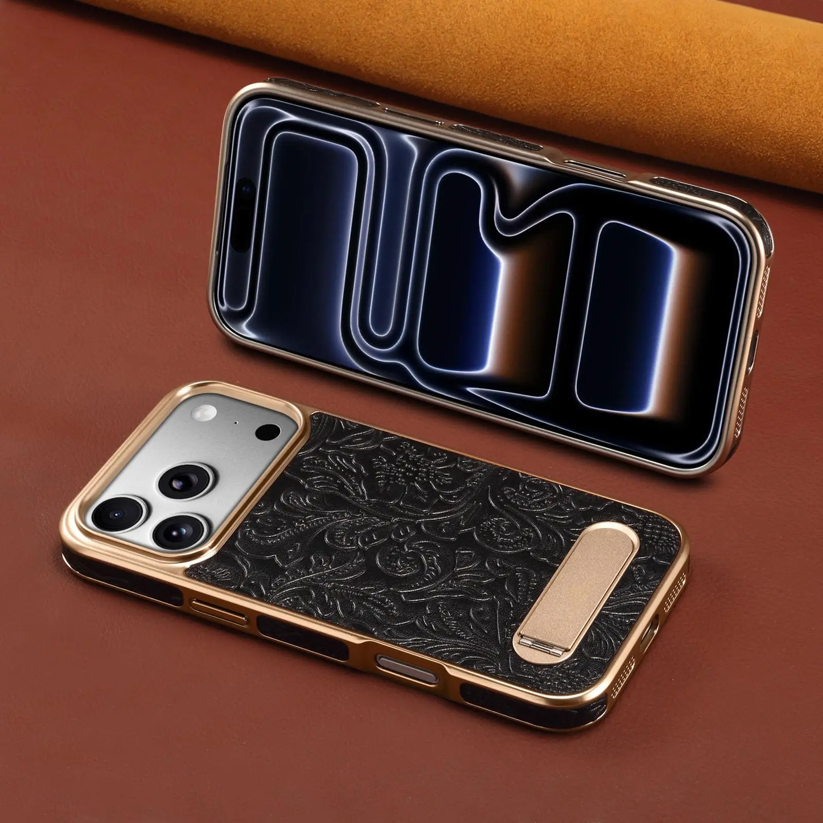 For iPhone 17 Pro Max/17 Pro/17 Air/17 Genuine Leather Case with Magnetic Compatible Kickstand Embossed Texture Shockproof Cover