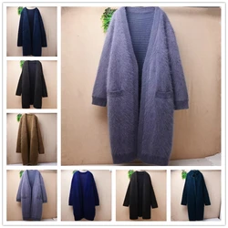 Women Mujer Autumn Winter Clothing Vintage Beading Black Angora Rabbit Hair Knitted Long Batwing Sleeves Loose Cardigans Jacket