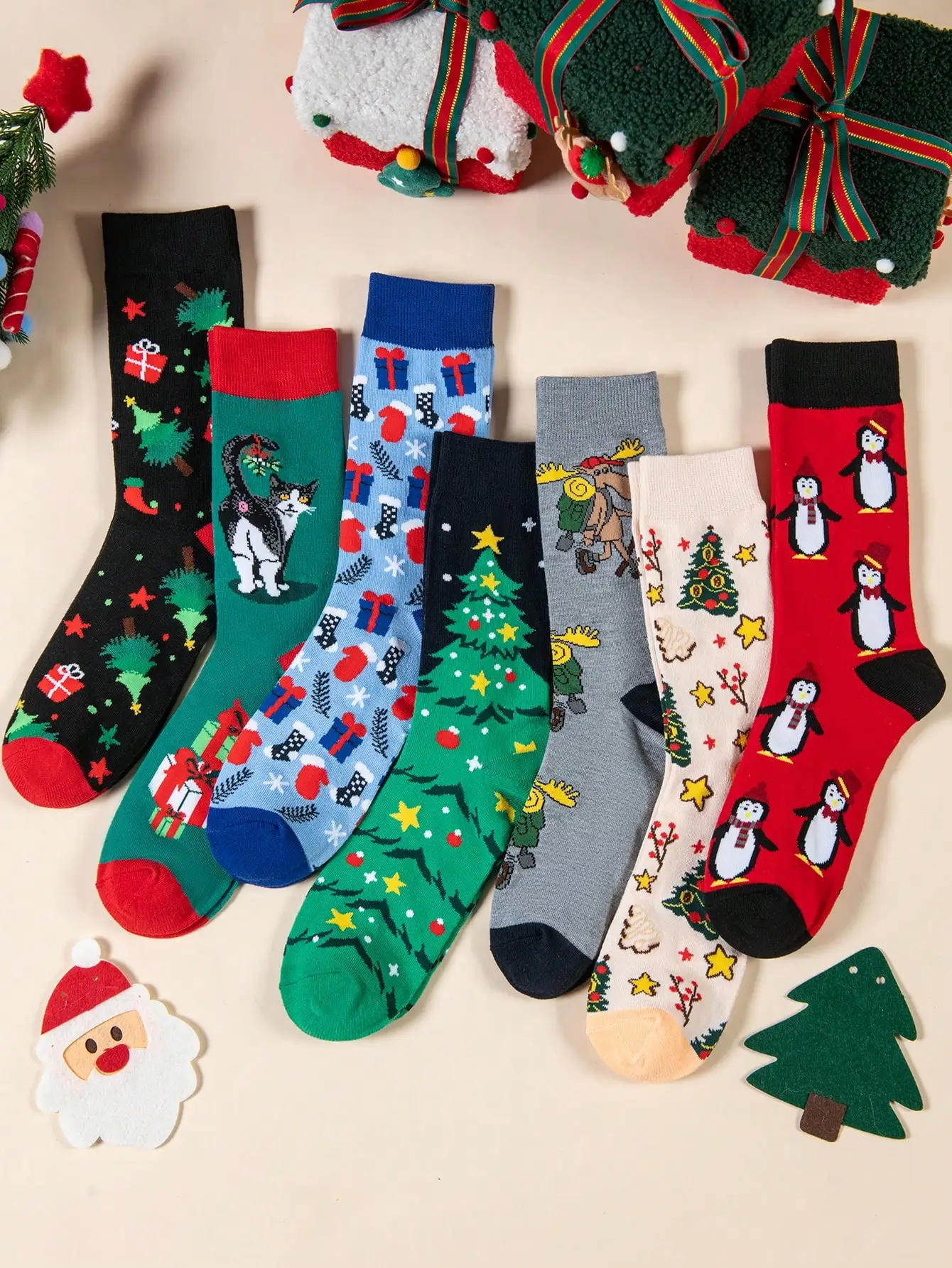 3 Pairs Christmas Fun Socks Multi-Pack. Cat, Penguin, Reindeer, Xmas Tree. Unisex. For Daily Wear