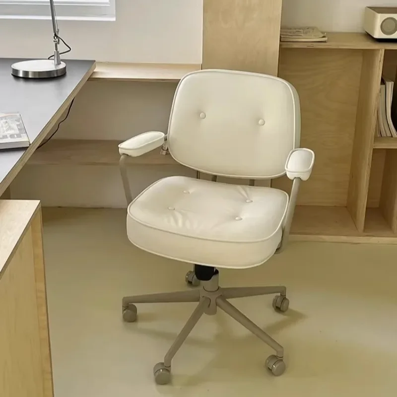 Nordic Creamy Style Ergonomic Office Chair，Leather Swivel Chair With Armrests Height Adjustable Computer Chair For Home Office