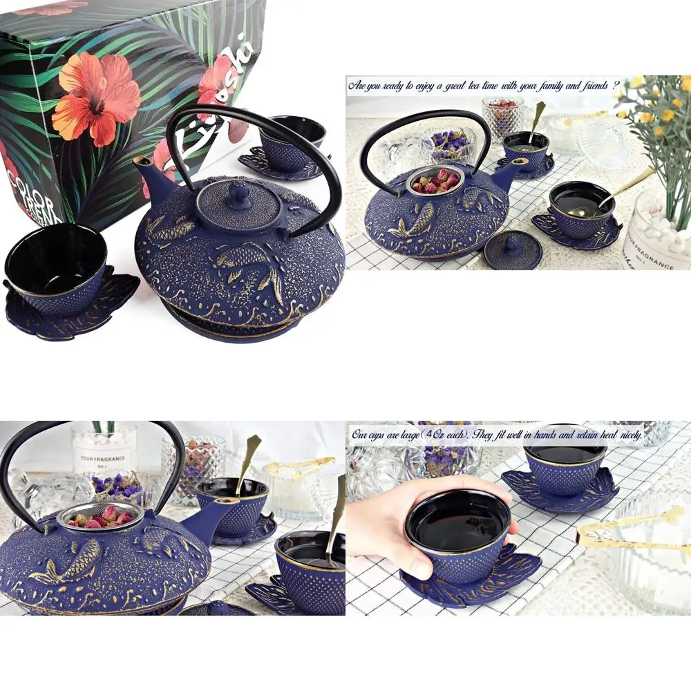 

Night Blue Koi Japanese 7-Piece Tea Set: Cast Iron Pot, 2 Cups, 2 Saucers, Accessories
