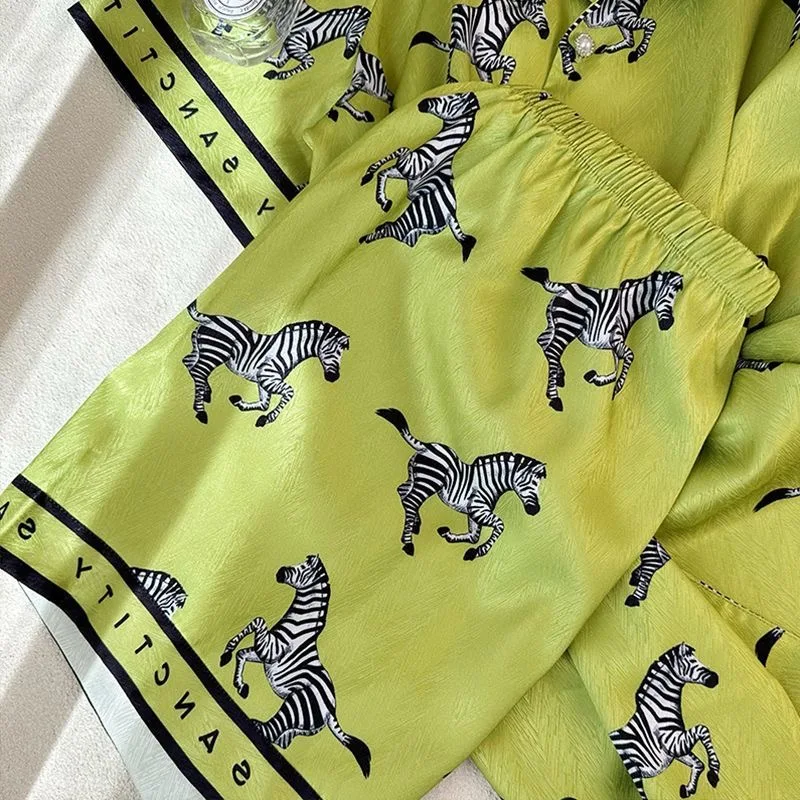 Pajama Set Women 2025 New Ice Silk Pijamas De Mujer Green Zebra Pajamas Short Sleeve Shorts Long Pants Sleepwear 3pcs