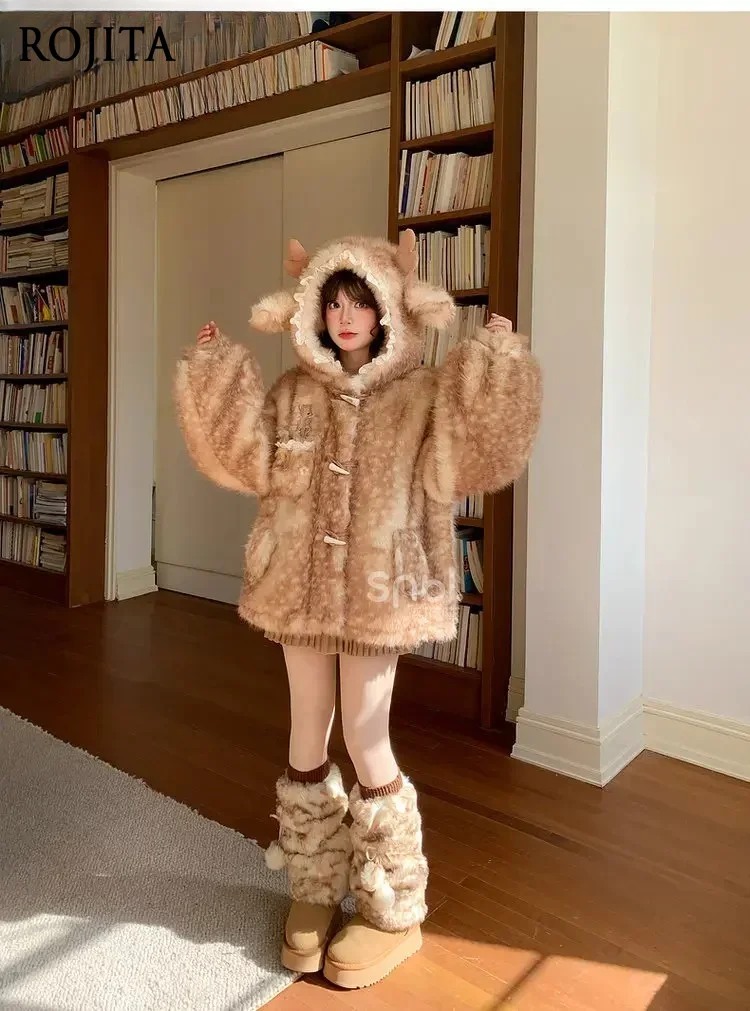 Kawaii Deer Horn Hooded Fuzzy Faux Fur Jacket Sweet Lace Trim Toggle Buttons Loose Warm Winter Coat for Girls