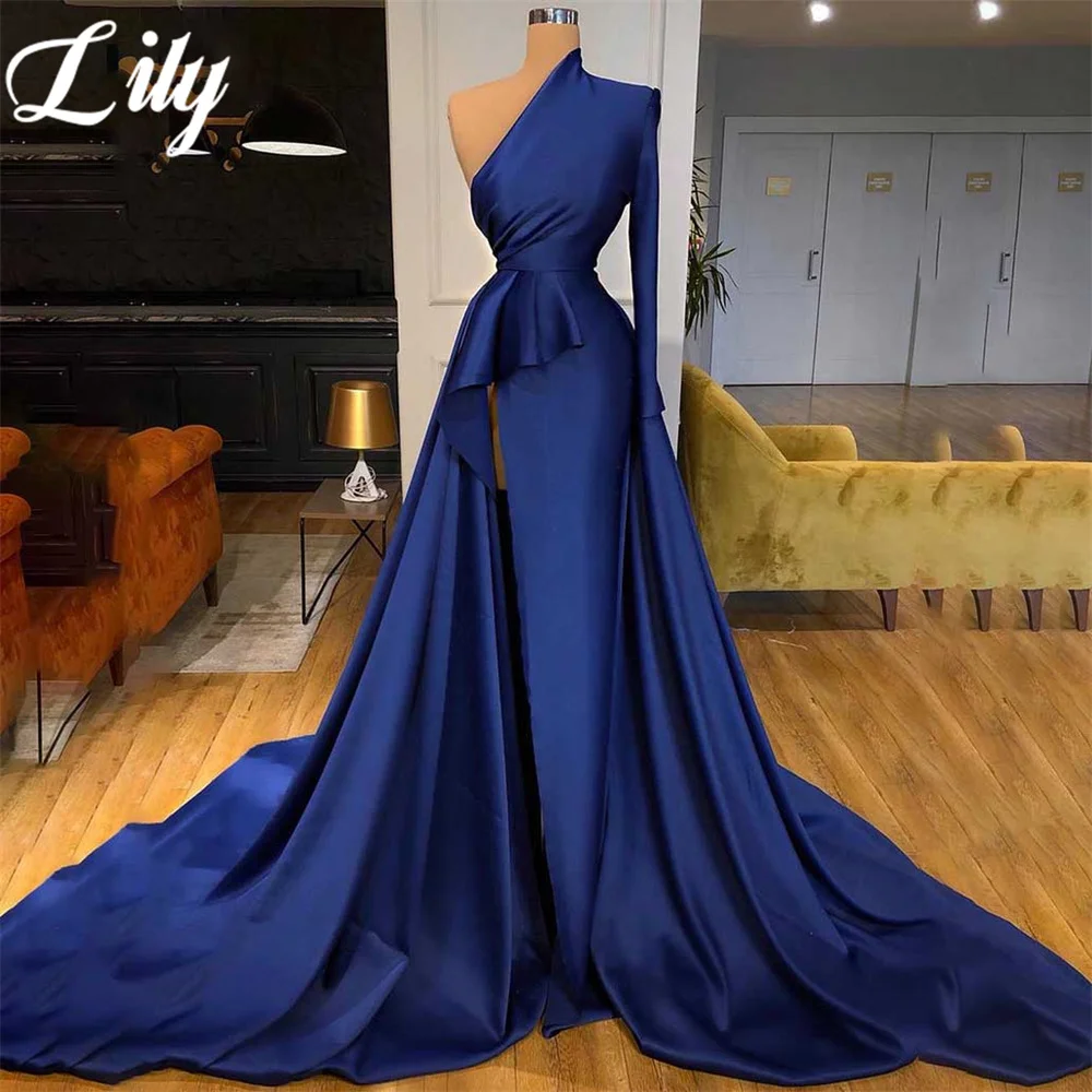 

Lily Navy Blue Prom Dresses One Shoulder Evening Dress with Pleats Satin Party Dress Sexy Side High Slit A-Line Robe De Soirée