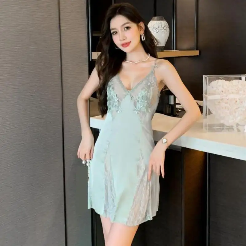 

Sexy Lace Nightgown Dress Lingerie Summer Female Strap Nightdress Backless Sleepwear Lady Silky Satin Dressing Gown Loungewear