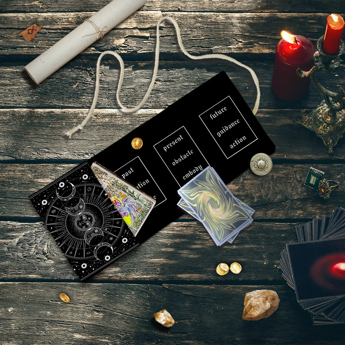 2‑in‑1 Sun Moon Phase Tarot Pouch Bag Foldable Pre‑Printed Past Present Future 3‑Card Tarot Spread Divination Mat Card Storage