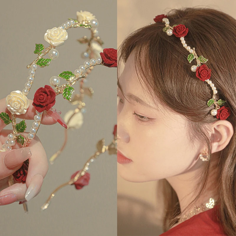 French Retro Red Rose Flower Pearl Hair Hoop For Women Fashion Wedding Party Jewelry Girls Exquisite Hairpiece Childlike Hairpin