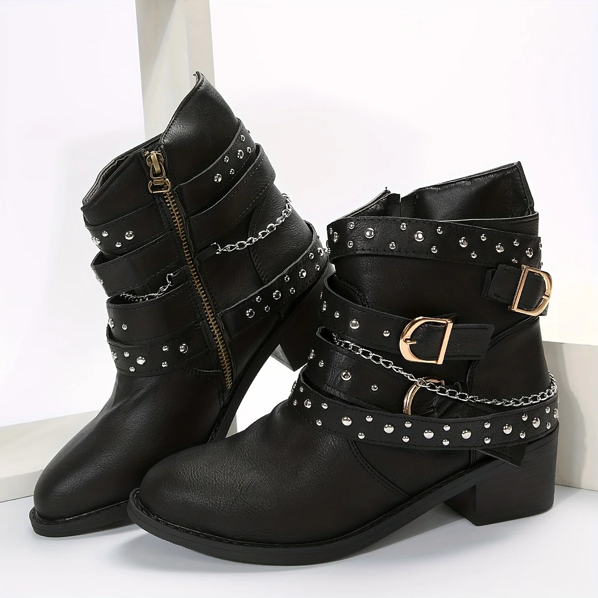 Women Studded Chain Decor Ankle Boots Rock Style Chunky Low Heeled Booties Side Zipper Short Boots