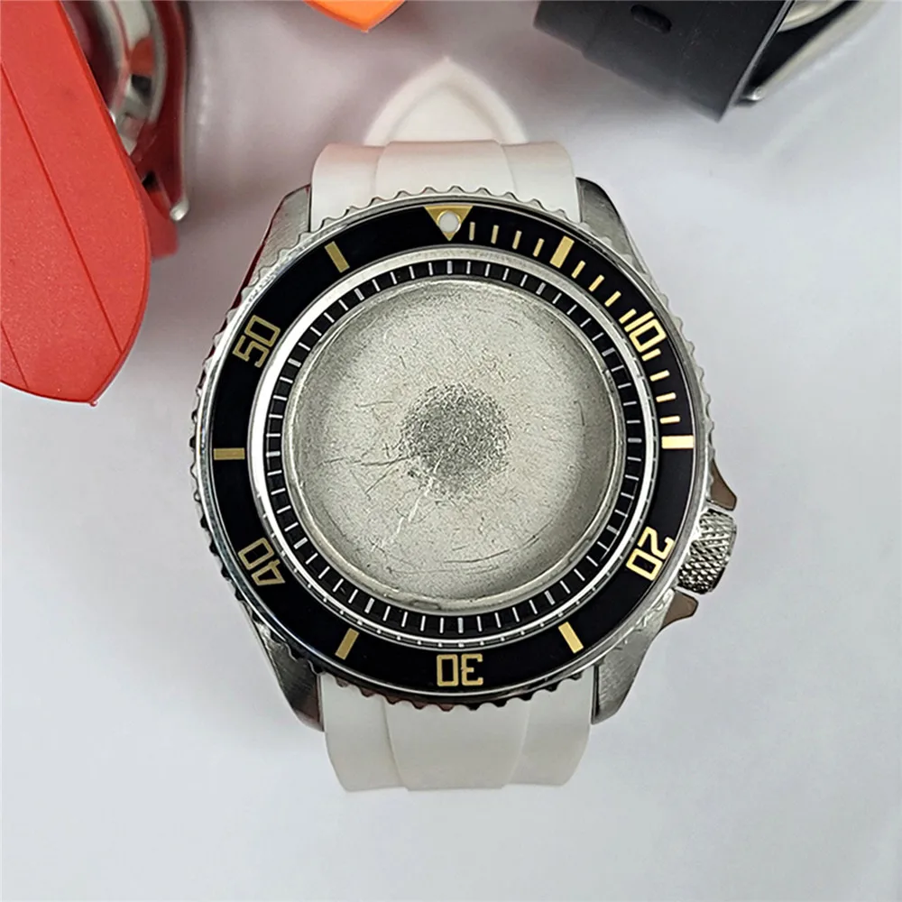 41.5MM Diving Watch Case Mineral Lens White Rubber Band Dual-color Sub Bezel Screw Crown For NH35 NH36 4R Movement