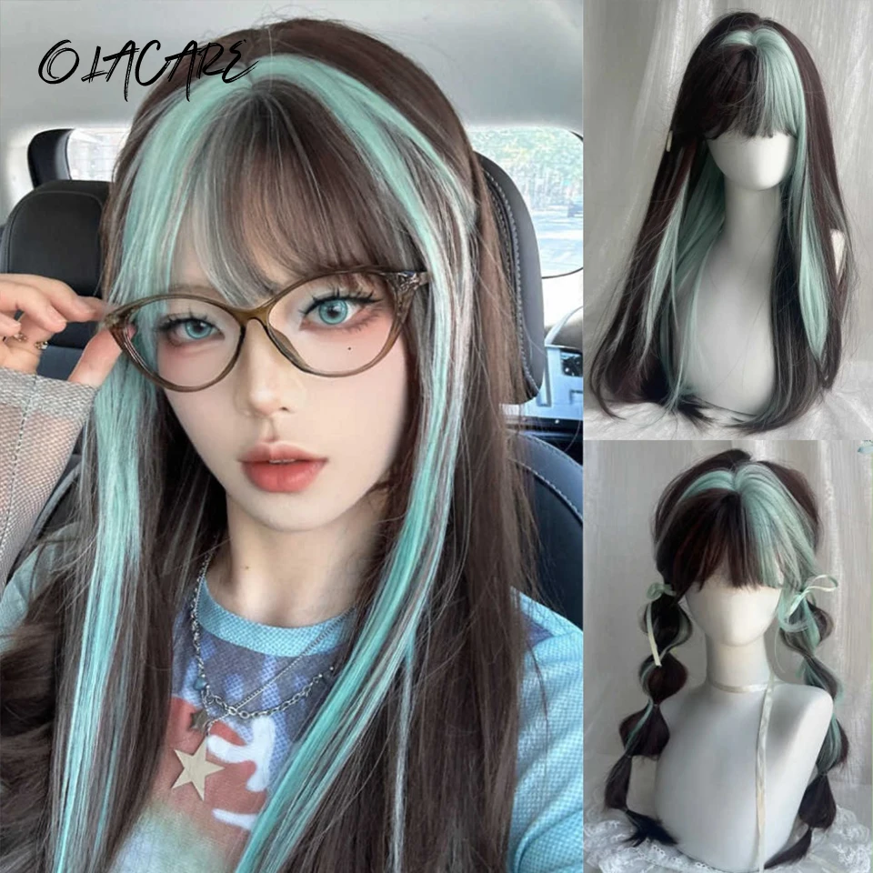 

OLACARE Synthetic Long Straight Lolita Wig with Bangs Wig Girl Cute Brown Black Green Ombre Cosplay Party Halloween Harajuku Wig