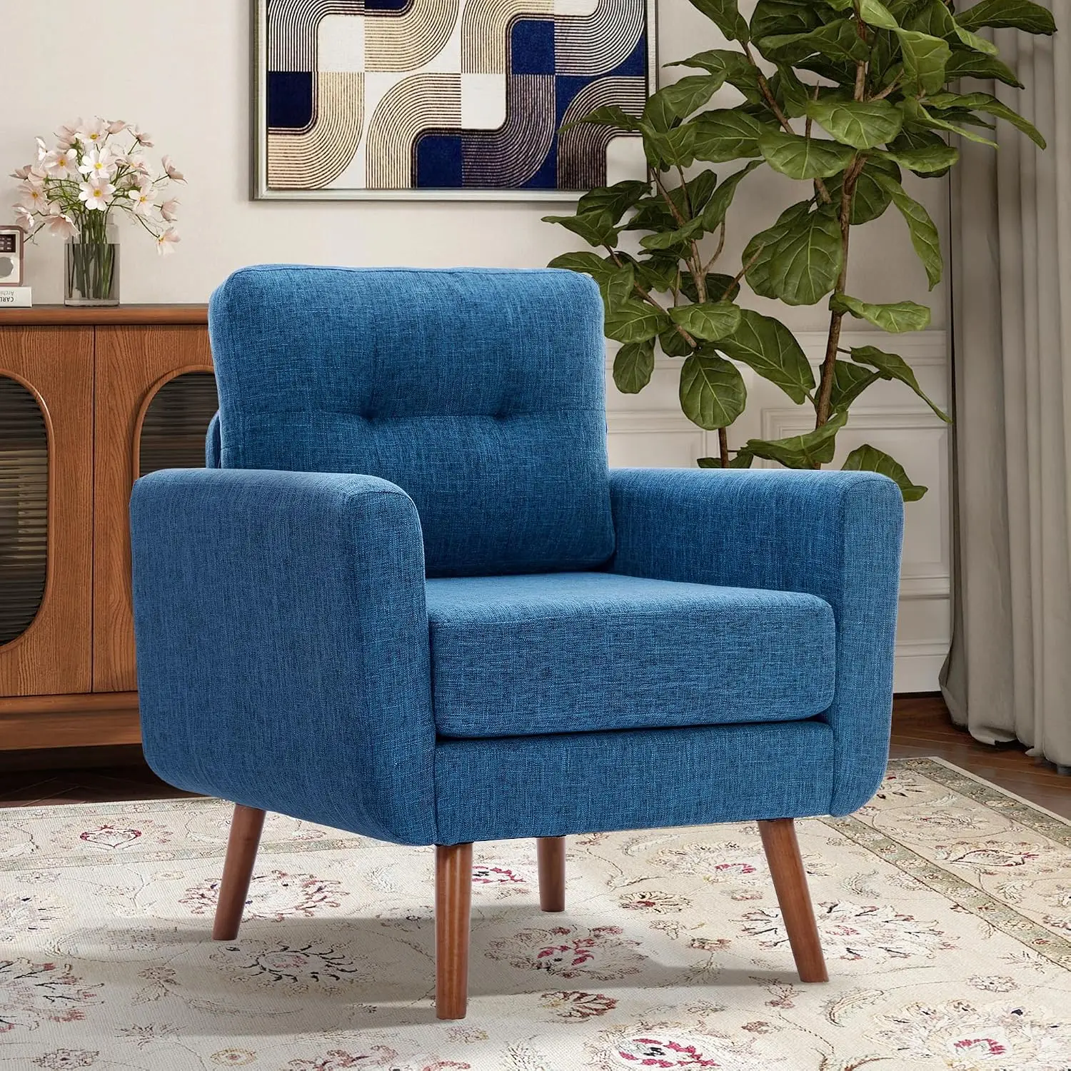 Linen Fabric Single Sofa, Accent Chair, Mid Century Modern Armchair for Living Room, Bedroom Button Tufted Upholstered Comfy
