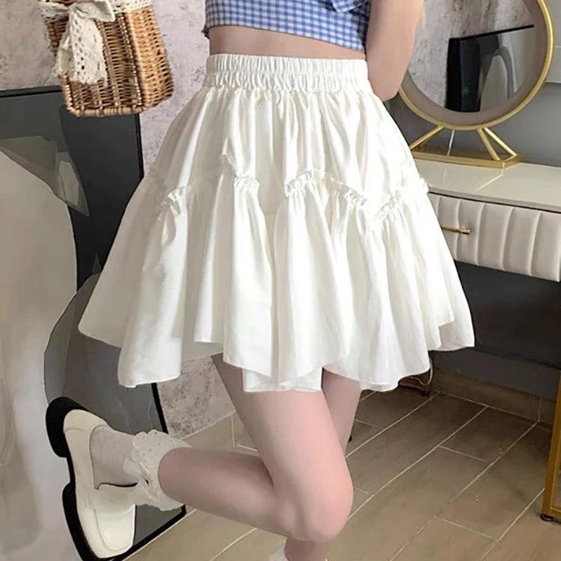 Kawaii Mini Skirts Women Solid Fungus Patchwork High Waist Sweet Cute Pleated Skirt Y2K Retro Goth Lolita Preppy Lovely Skirt