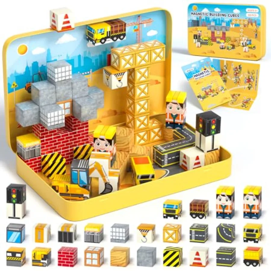 

60PCS Mini Magnetic Blocks Travel Set for,Mini Magnetic Tiles Building Cubes with Portable Iron Box, STEM Sensory Toy for Toddl