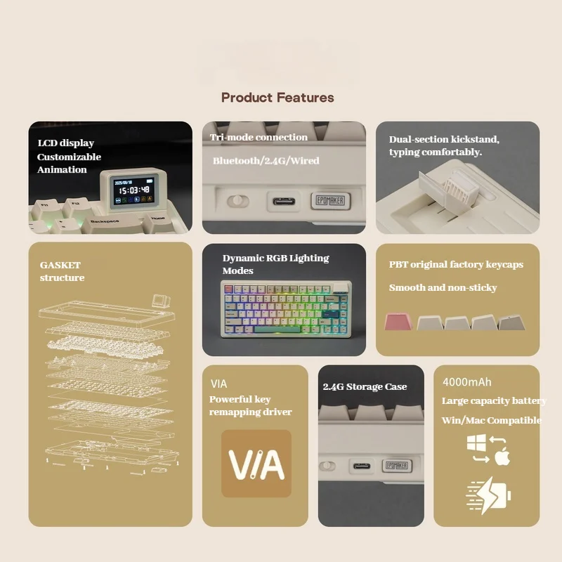 Epomaker Rt82 Thri-Mode Display Screen Mechanical Keyboard Rgb Gateway Structure Custom Animation Hot Plug Customized Keyboard