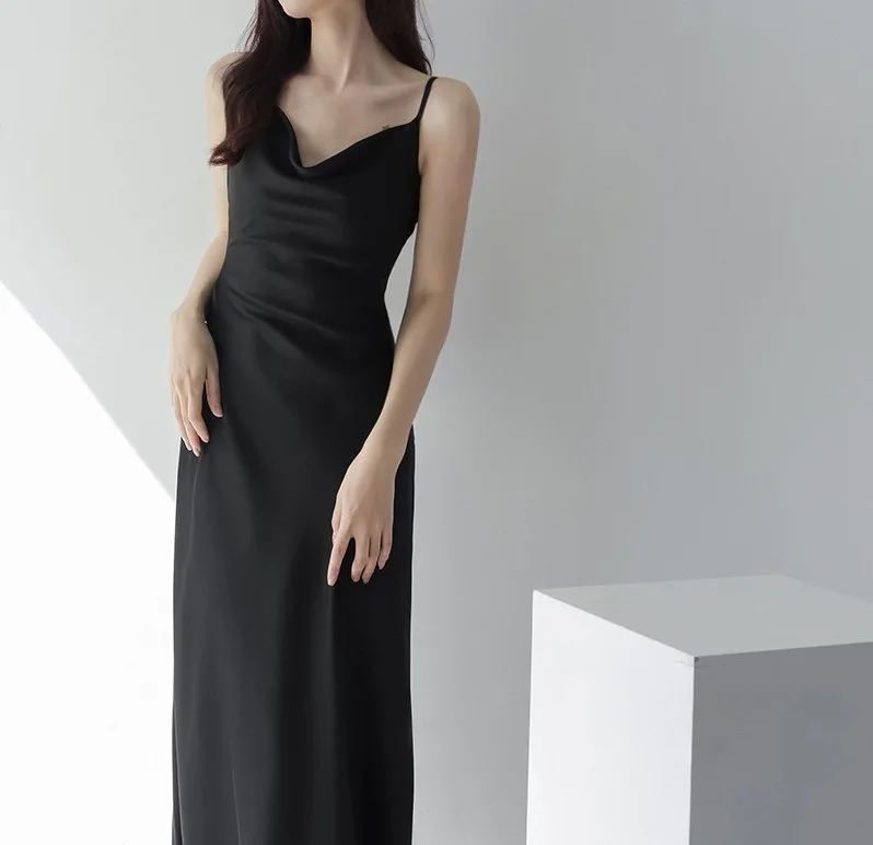 Satynowa sukienka z kołnierzykiem i szelkami damska 2025 letnia sukienka z wąską talią